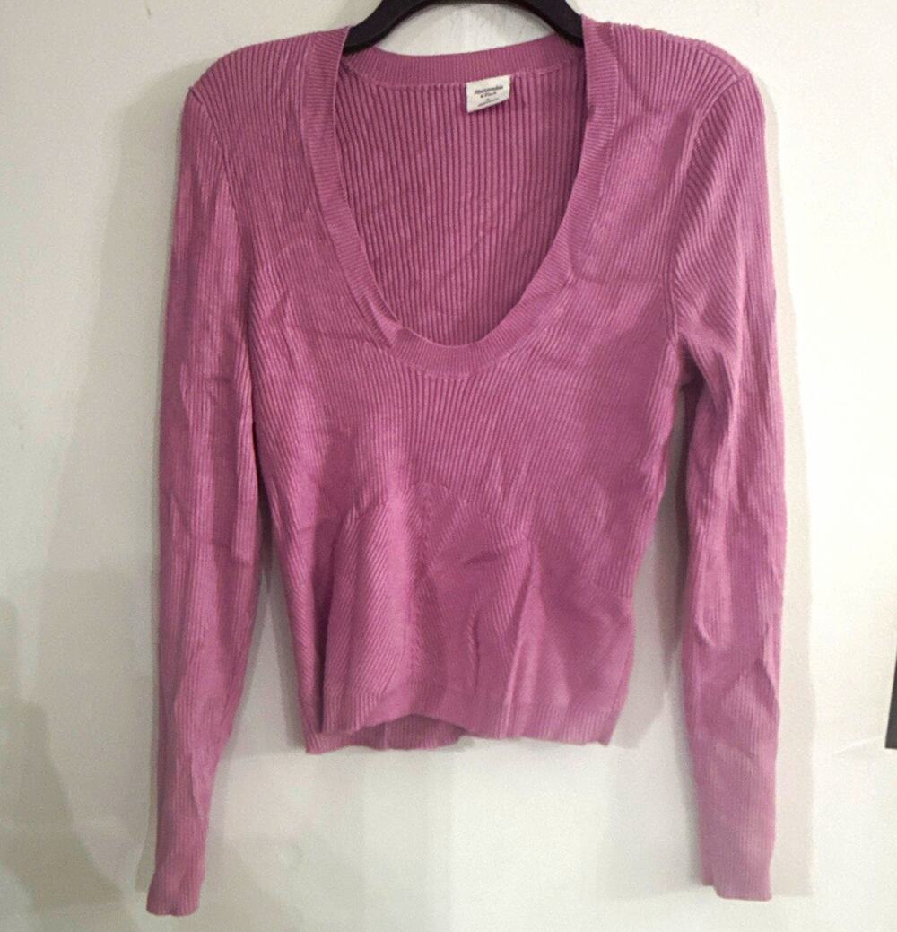 Abercrombie & Fitch Pink Rib-Knit V-Neck Long Sleeve Pullover Sweater Women's XL